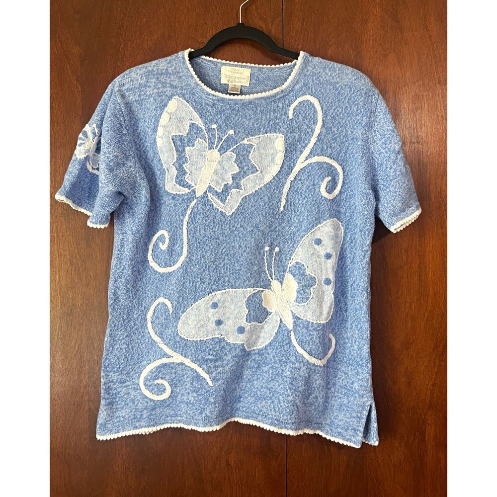 Christopher & Banks Hand Embroidered Blue Butterfly Knit Crew Sweater Top M